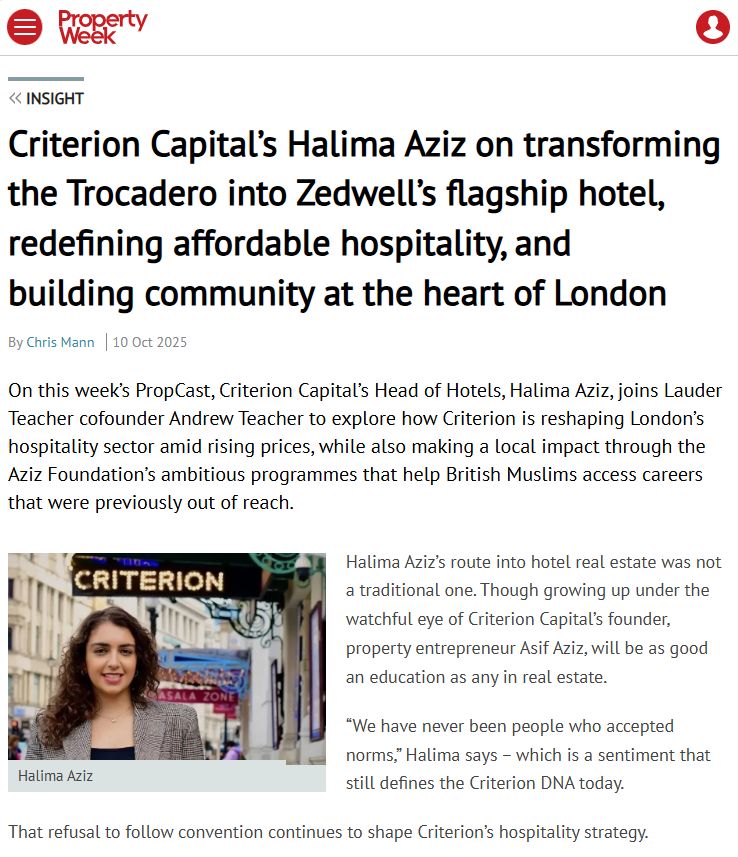 Halima Aziz interviewed on PropCast podcast and featured in Property Week